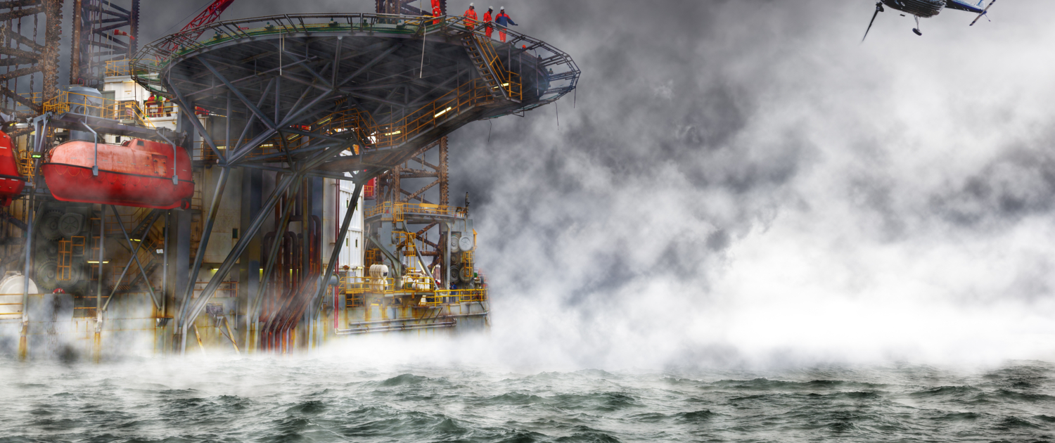 A helicopter rescue mission landing on Oil Rig.