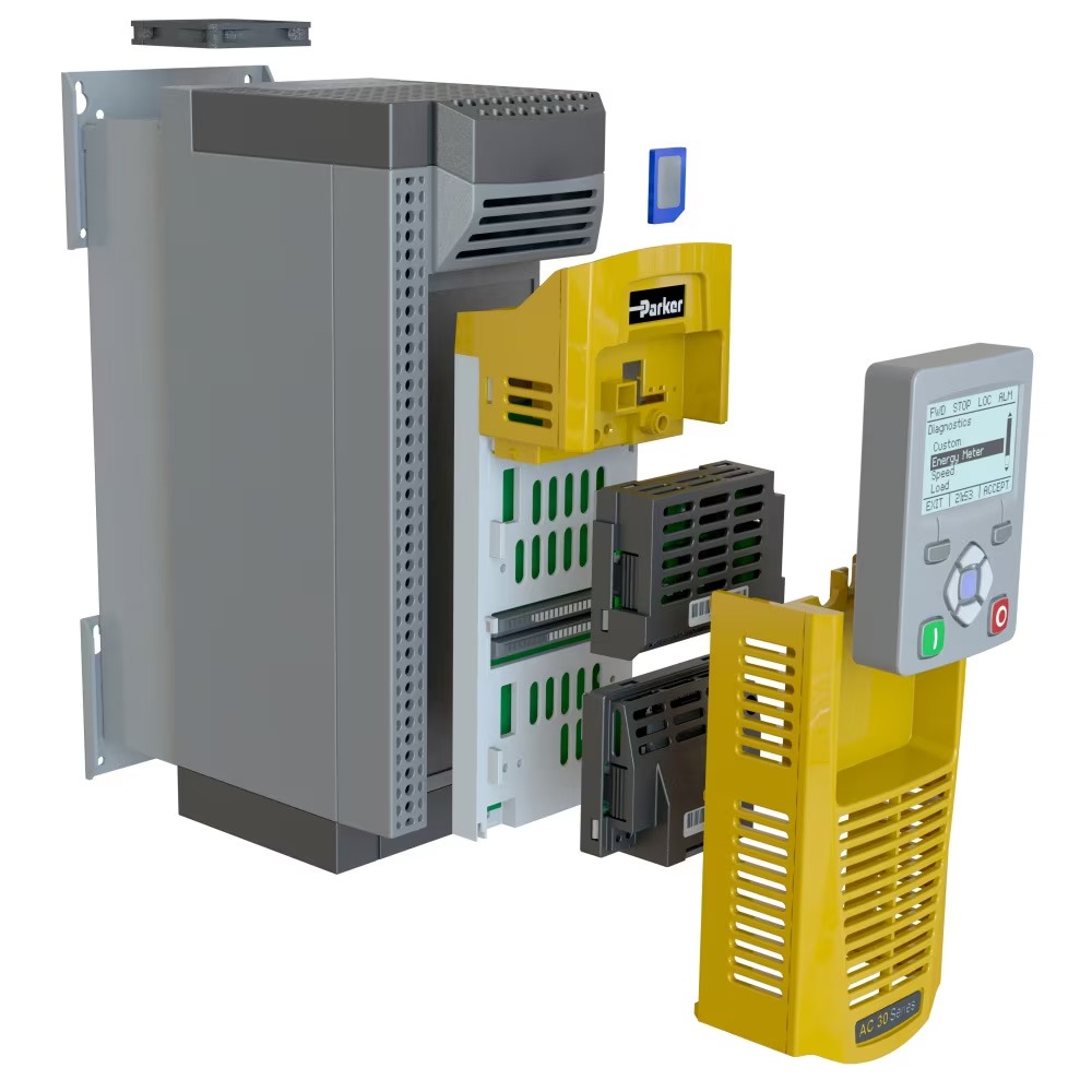 Exploded view of a Parker AC30 variable frequency drive showing the housing, control modules, operator keypad and modular internal components.